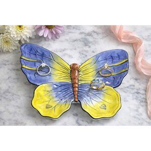 Vintage Hand Painted Ceramic Butterfly Dish Blue Yellow Cottagecore Spring Decor